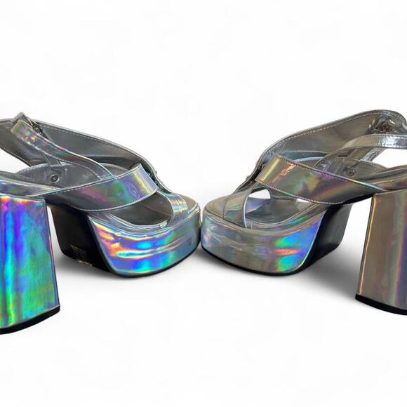 CHUNKY SILVER IRRIDESCENT BUTTERFLY SANDALS FESTIVAL HEELS SIZE 5. - Picture 6 of 8